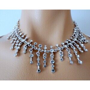 SET VTG ST. JOHN Silver Swarovski Crystal Choker Necklace Earrings  2000 Bridal